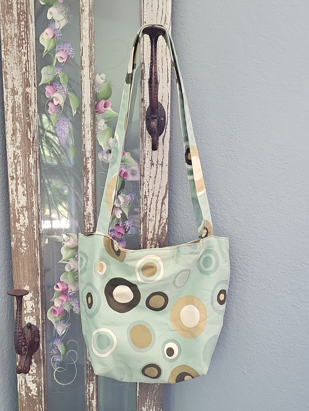 Sage Green Geometric Print Shoulder Bag | Fabric Tote Purse | Retro Mod